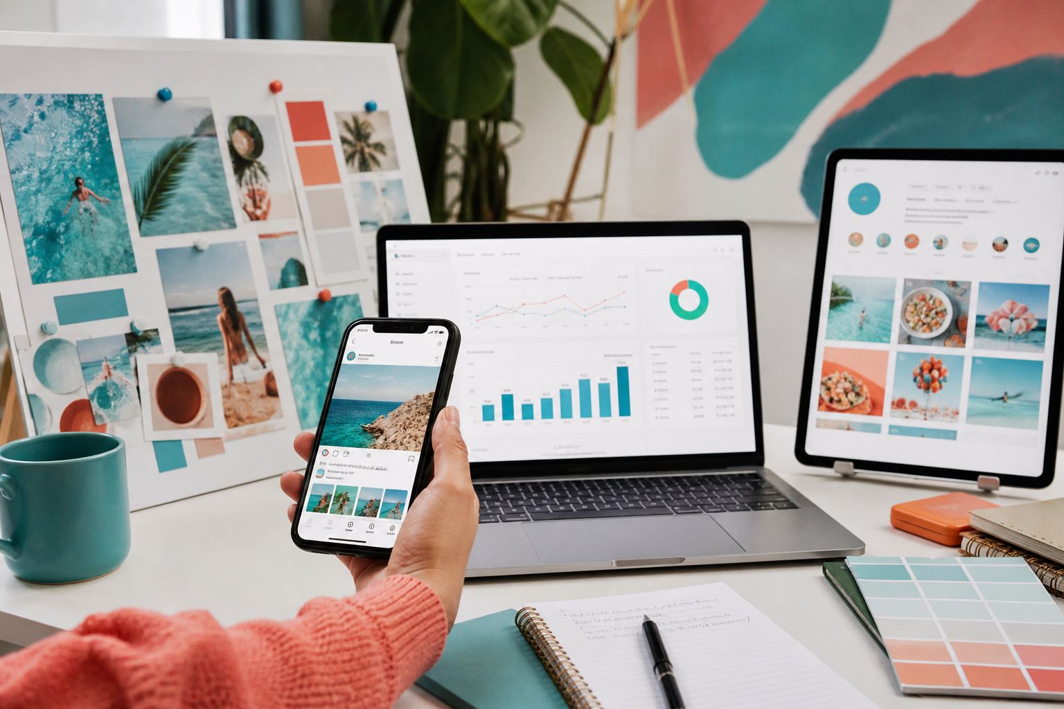 Digital marketing workspace with laptop, phone, and campaign planning